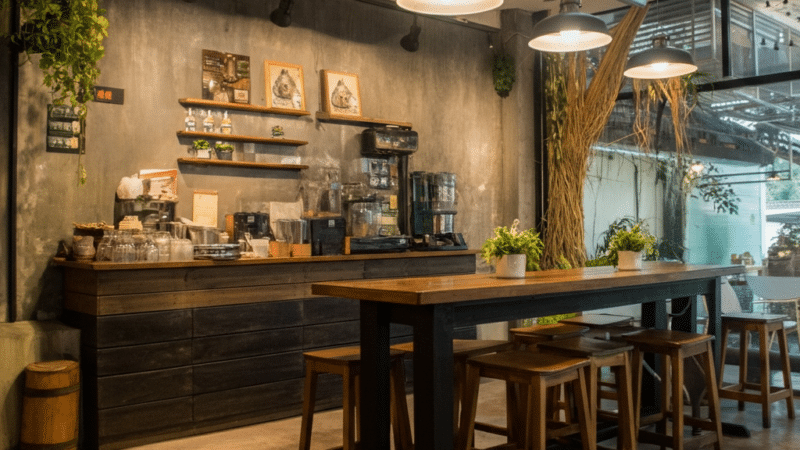 a coffee shop with a table and chairs